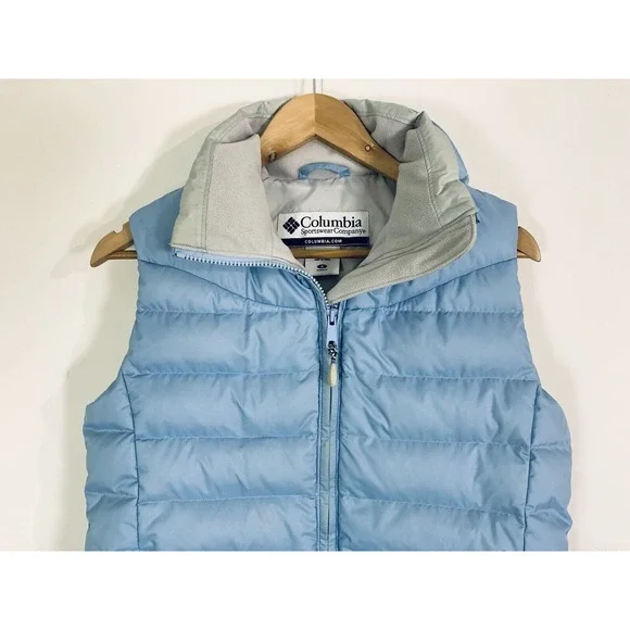 Columbia Down Puffer Vest Light Blue Women's Small Vintage Fleece Collar Y2K - Picture 2 of 9